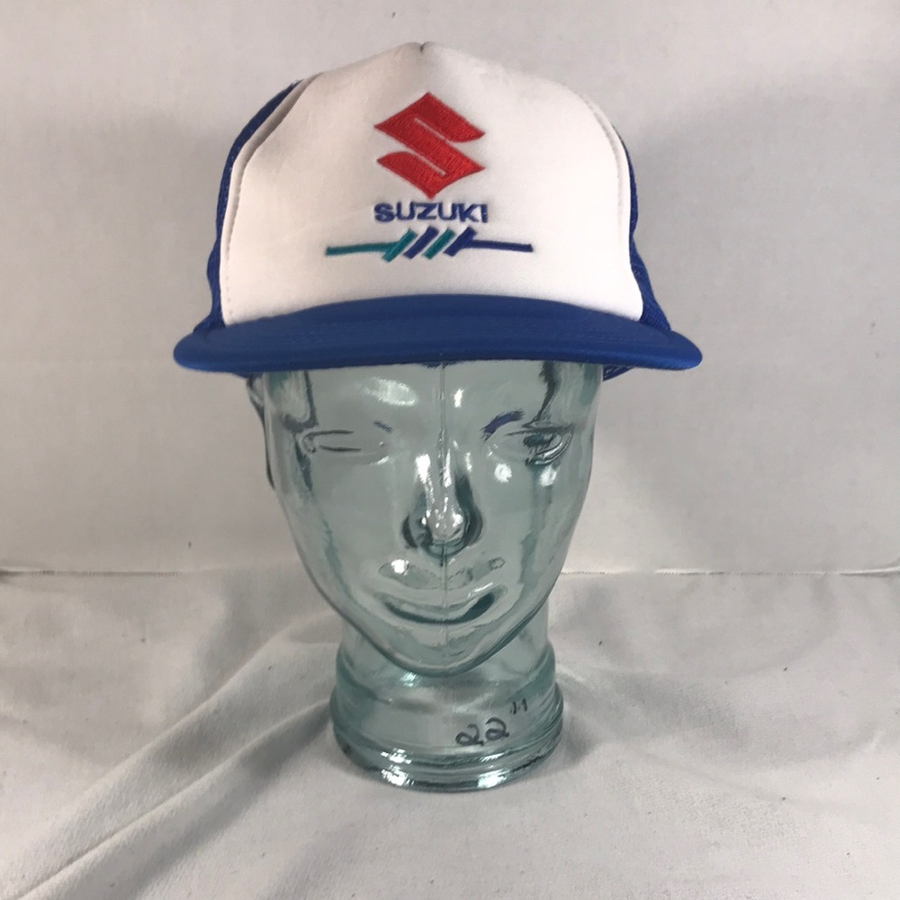 Vintage Mens Suzuki White and Blue Trucker Hat with Embroidered Logo